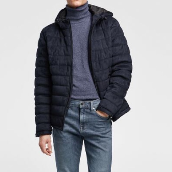 Zara Man Puffer Coat Jacket Faux Suede Hood - Picture 6 of 6